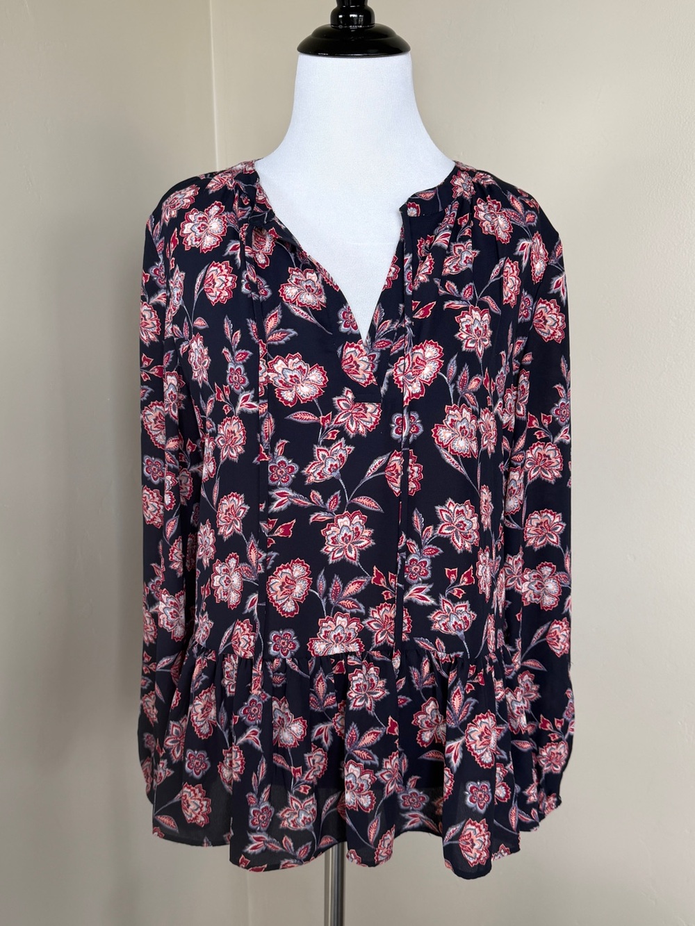 LOFT Navy Floral Peplum Tunic with Red Accents